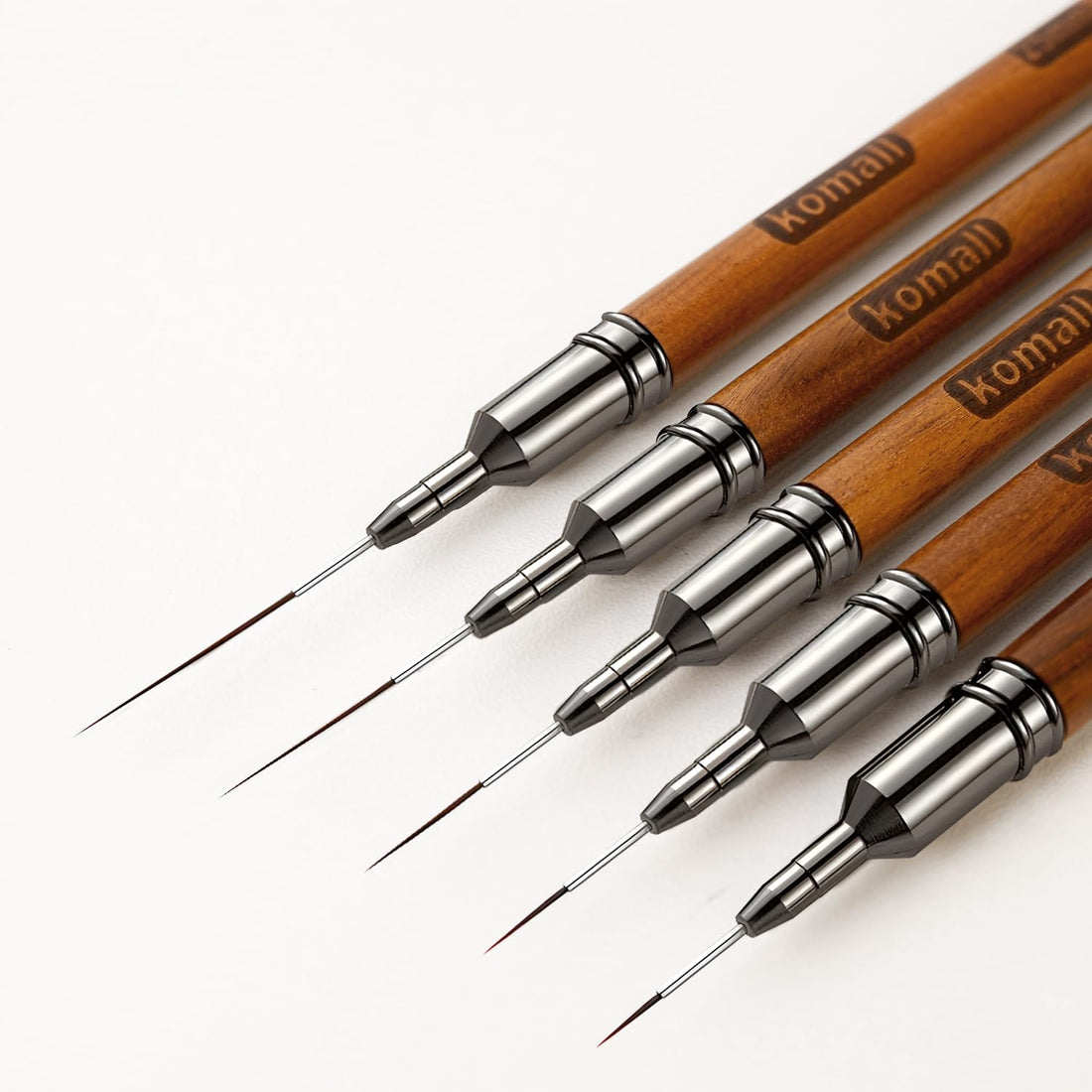 Komall Nail Art Brushes, 5Pcs Wooden Handle Liner Brush Set, UV Gel Polish Painting Art Design Pen for Long Lines, Thin Details, Fine Drawing Sizes 4/8/12/20/25mm(Natural)