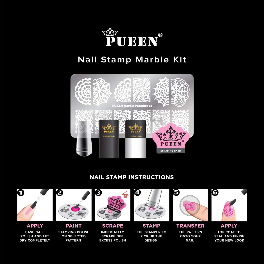 PUEEN Nail Art Stamping Marble Kit - DIY Nailart Stamping Polish Stamper Scraper Image Plate Manicure Accessories Tools Gift Set - BH000947