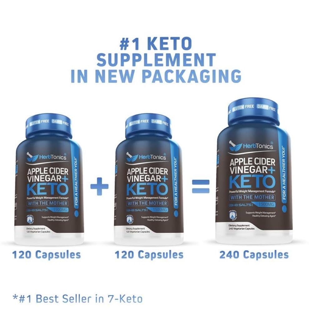 Herbtonics Keto BHB + Apple Cider Vinegar Capsules with The Mother - Keto Diet Pills, BHB Exogenous Ketones with GLP-1 Support, Energy & Focus - Keto ACV Supplement for Women & Men - 240 Capsules