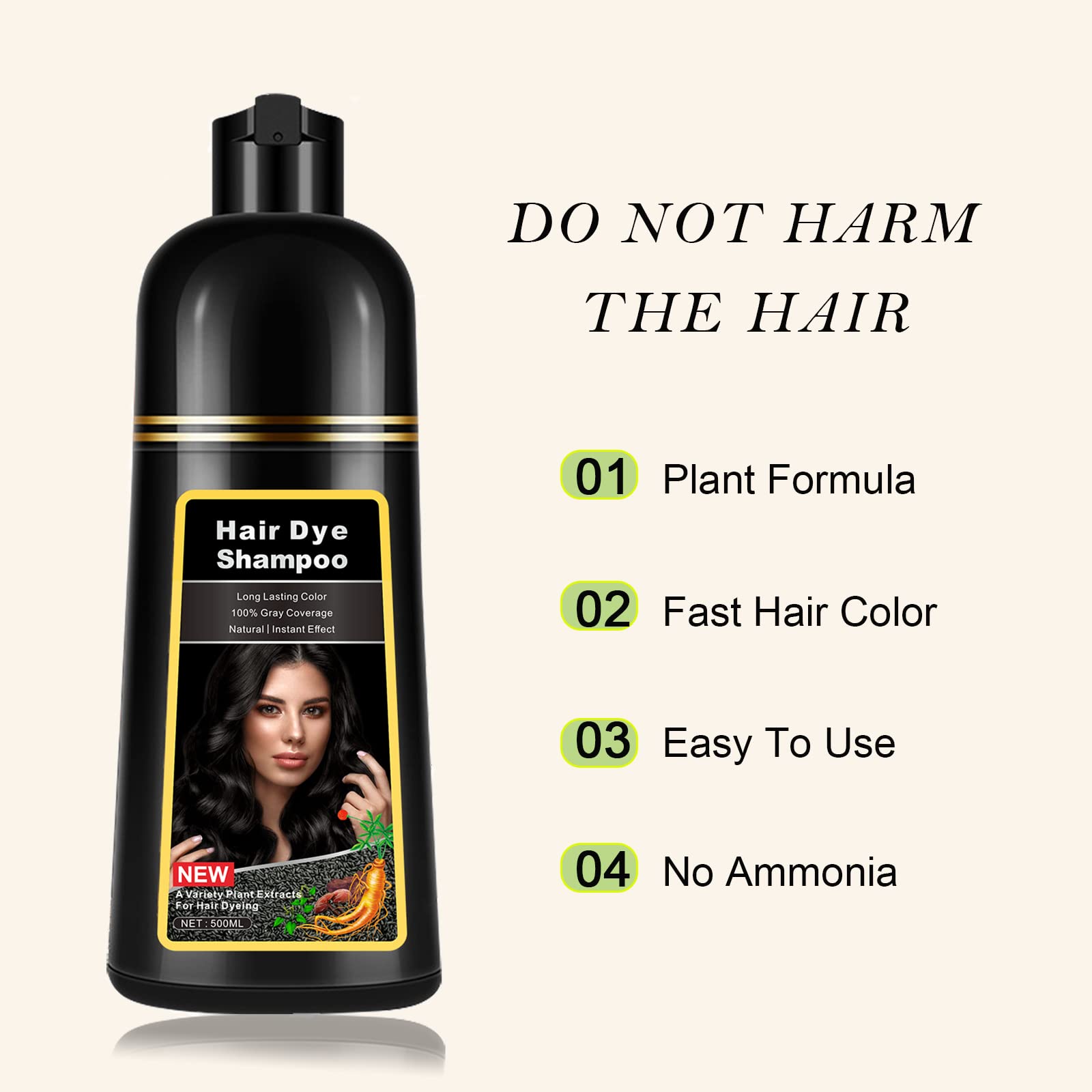 Instant Black Hair Dye Shampoo 3 in 1 for Men Women, Herbal Black Hair Shampoo Hair Color Shampoo for Gray Hair Coverage, Natural Black Hair Dye Black Shampoo Easy to Use 17.6 FL OZ (Black)
