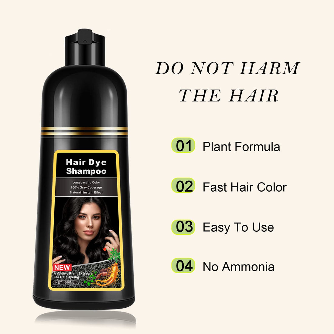 Instant Black Hair Dye Shampoo 3 in 1 for Men Women, Herbal Black Hair Shampoo Hair Color Shampoo for Gray Hair Coverage, Natural Black Hair Dye Black Shampoo Easy to Use 17.6 FL OZ (Black)