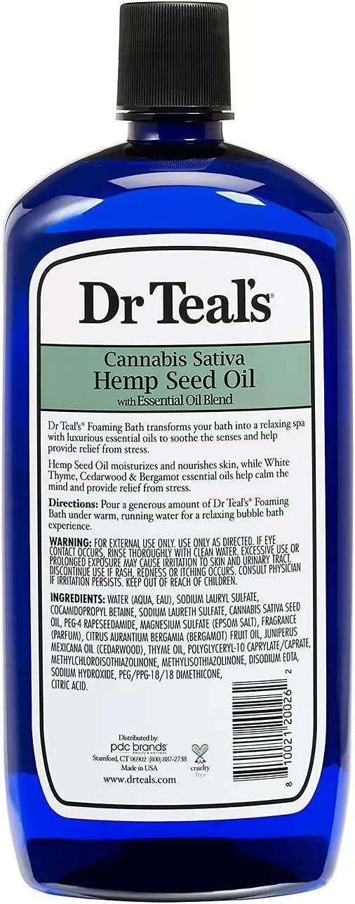 Dr Teal's Hemp Seed Oil Foaming Bath (1 Bottle, 34oz) - Cannabis Sativa Hemp Seed Oil - Essential Oils Blended with Pure Epsom Salt Eases Any Aches & Pains While Deeply Moisturizing Your Skin