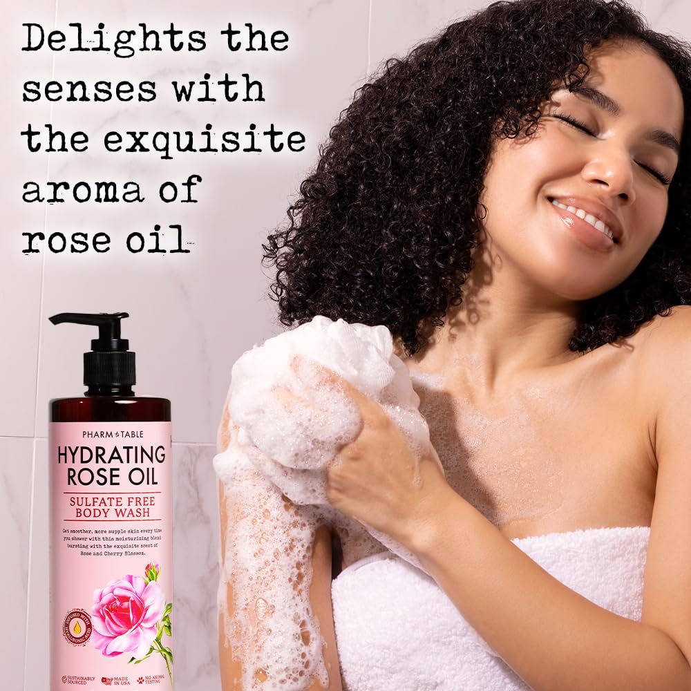 PHARM TO TABLE Hydrating Rose Oil Body Wash for Women and Men - Hydrates and Brightens the Skin, Sulfate Free, 100% Cruelty Free, 480ml
