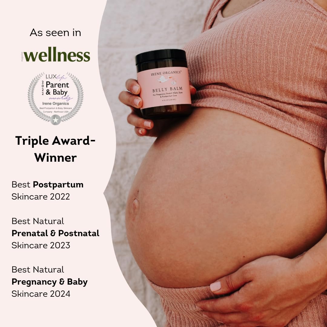 Organic Belly Butter for Pregnancy Stretch Mark Prevention and Treatment by Irene Organics - Award Winning Anti Stretch Mark Tummy Balm For Pregnancy and Postpartum 4oz - Hydrating Bump Cream