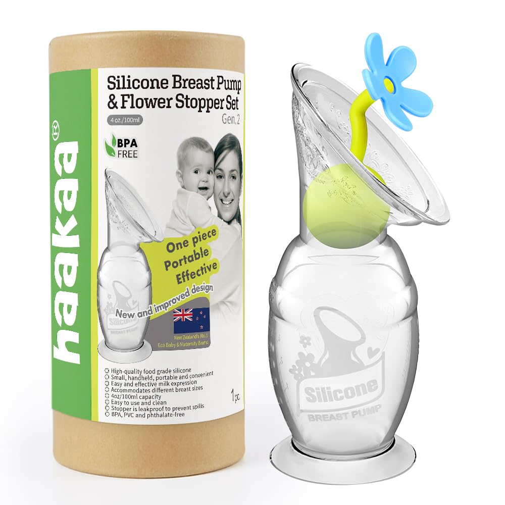 Haakaa Manual Breast Pump with Suction Base and Flower Stopper 100% Food Grade Silicone BPA PVC and Phthalate Free (5oz/150ml) (Blue)