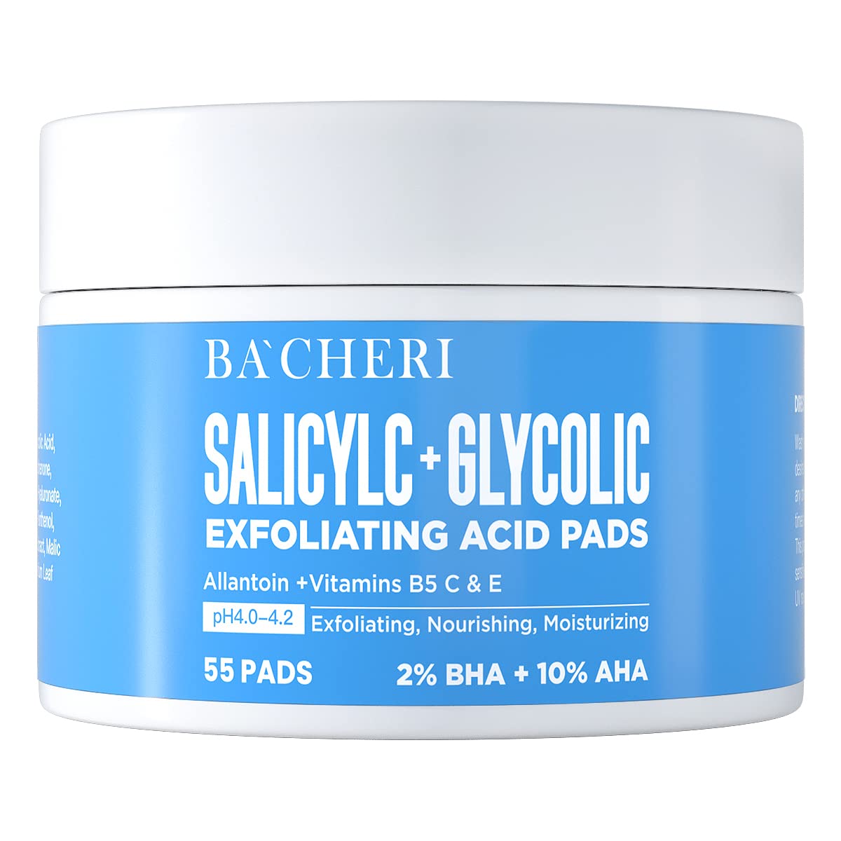 10% Glycolic Acid + 2% Salicylic Acid Peel Pads - BACHERI Resurfacing Pads For Face with Vitamins B5, C & E, Allantoin - Exfoliating Facial Peel for Dark Spots, Blackhead, Acne 55 Pads