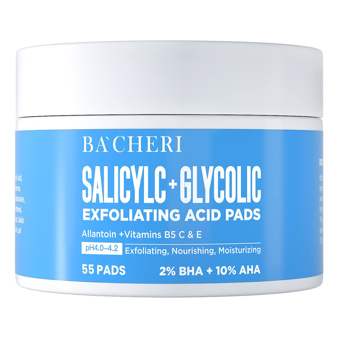 10% Glycolic Acid + 2% Salicylic Acid Peel Pads - BACHERI Resurfacing Pads For Face with Vitamins B5, C & E, Allantoin - Exfoliating Facial Peel for Dark Spots, Blackhead, Acne 55 Pads