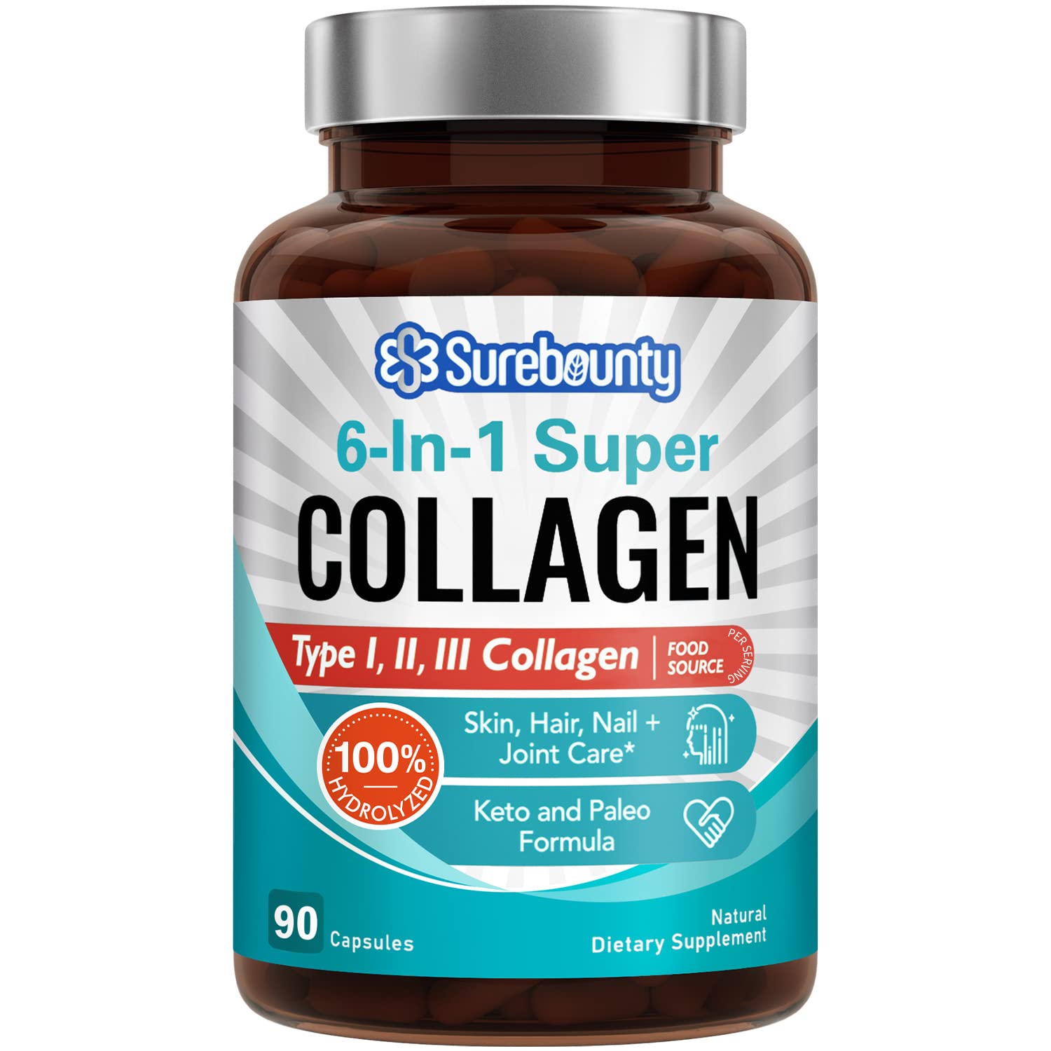 Surebounty Multi Collagen Complex, Type I, II, III, 6-in-1 Super Collagen with Vitamin C, Hyaluronic Acid, Biotin, Turmeric, Black Pepper, Keto, 90 Capsules