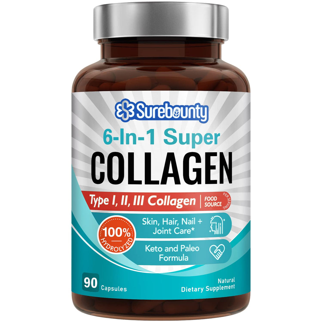 Surebounty Multi Collagen Complex, Type I, II, III, 6-in-1 Super Collagen with Vitamin C, Hyaluronic Acid, Biotin, Turmeric, Black Pepper, Keto, 90 Capsules