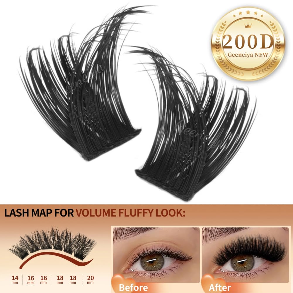 Geeneiya Lash Clusters 200D Full Eyelash Clusters 10-20mm Thick D Curvature Lash Extension Wispy Cluster Eyelash Extensions DIY Individual Eyelashes for Beginners