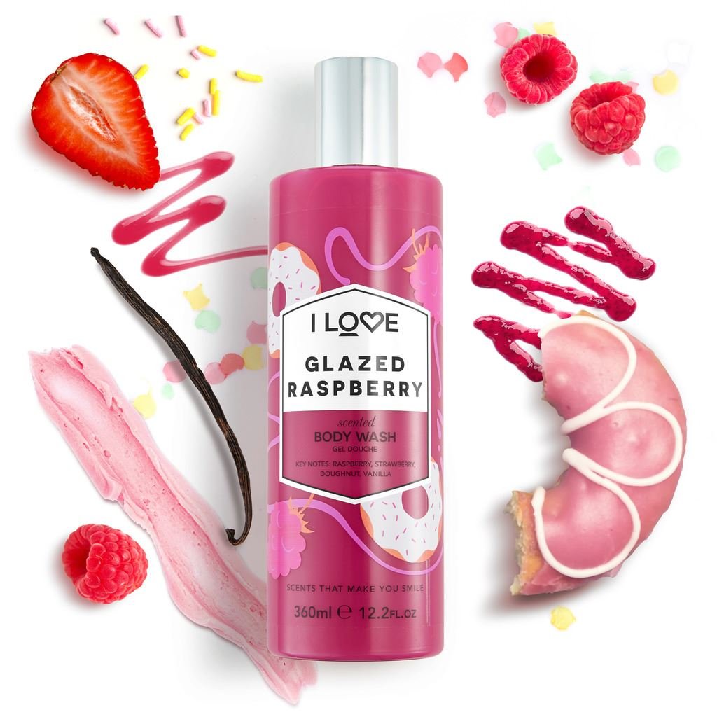I LOVE Glazed Raspberry Scented Body Wash - Moisturizing Body Wash and Foaming Bubble Bath - Raspberry, Strawberry, and Vanilla Fragrance - 11.8 oz