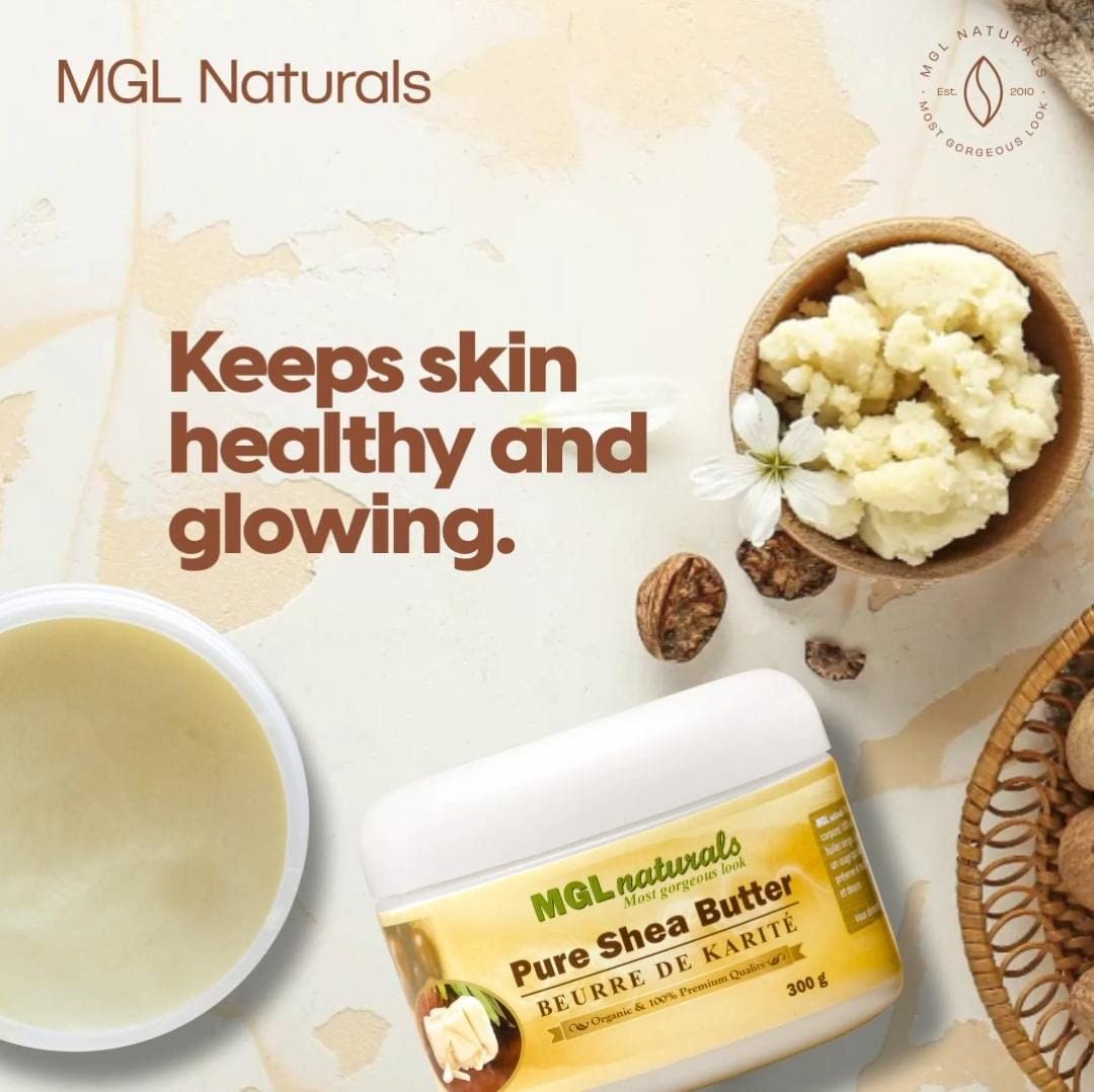 MGL Naturals Unrefined African Shea Butter Ivory whipped, 100% Raw, Organic | Apple and honeysuckle scented. Moisturizing body and hair butter from Ghana. 11 oz / 300g