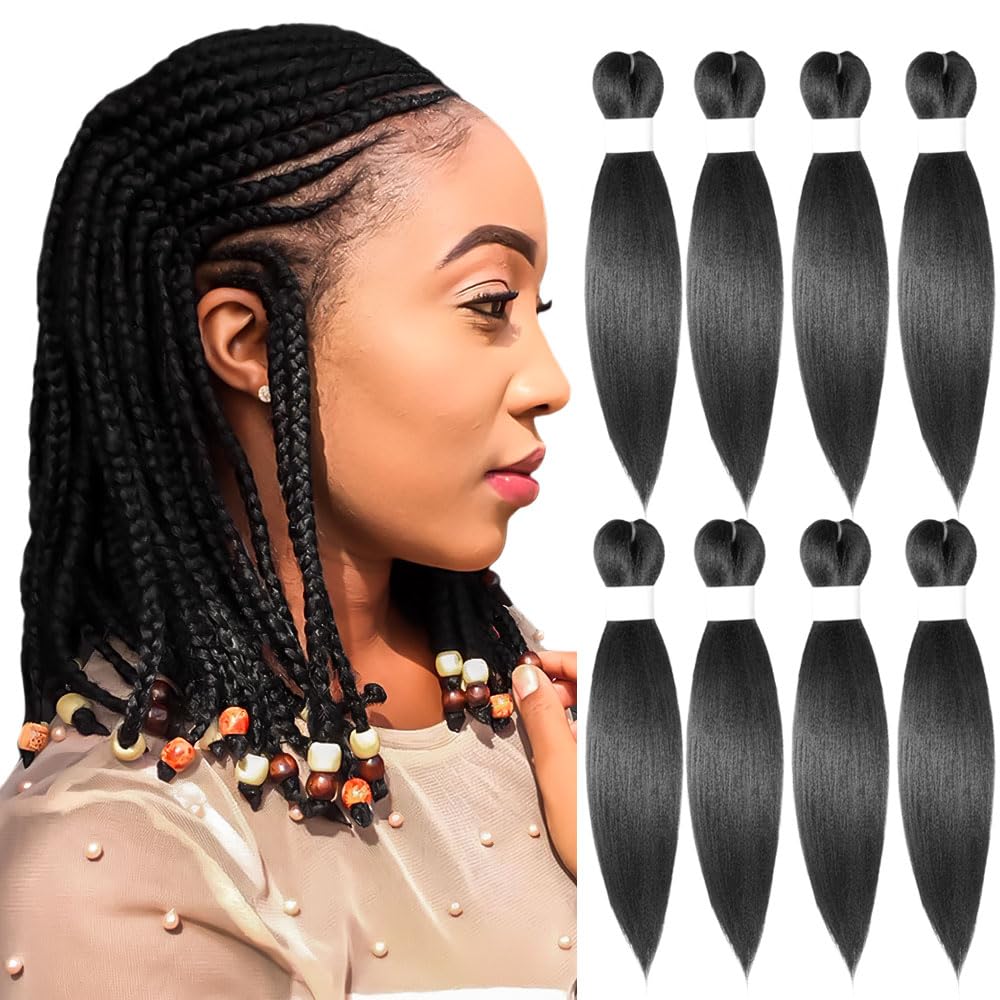 KAVSORAPI Braiding Hair 12 Inch Pre Stretched Hair Black Color Short Straight Crochet Braids Yaki Texture Synthetic Fiber 8 Packs (1B/Natural Black)