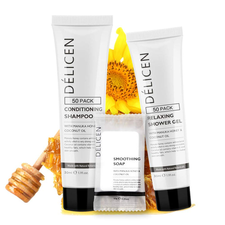 OPPEAL Delicen Manuka Honey Hotel Amenities | Rectangular Soap Bars, Conditioning Shampoo, Body wash 3-Piece Set | Clementine Scent | 150 Pcs Total