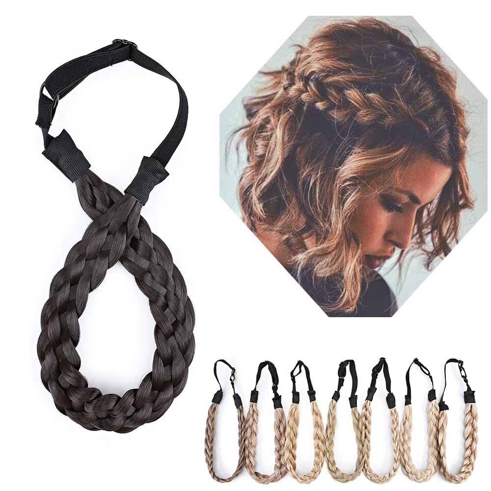 Braided Hair band Plaited Headband Elastic Stretch Wide Plaited Braids Braided Headband Synthetic Hairpiece Chunky Braided Headband Trendy Girls Women (Medium-five strands braided, dark brown)