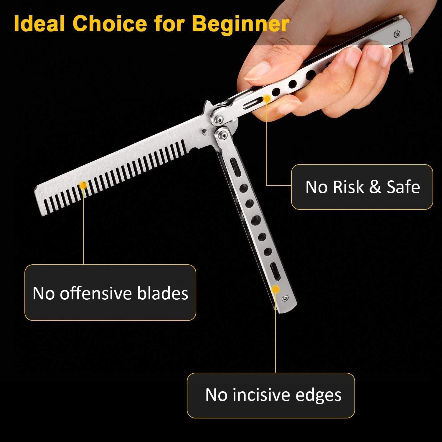 2 Pieces Combs Stainless Steel Folding Practice Combs Hair Styling Tools for Sport Outdoor Use (Black, Silver)