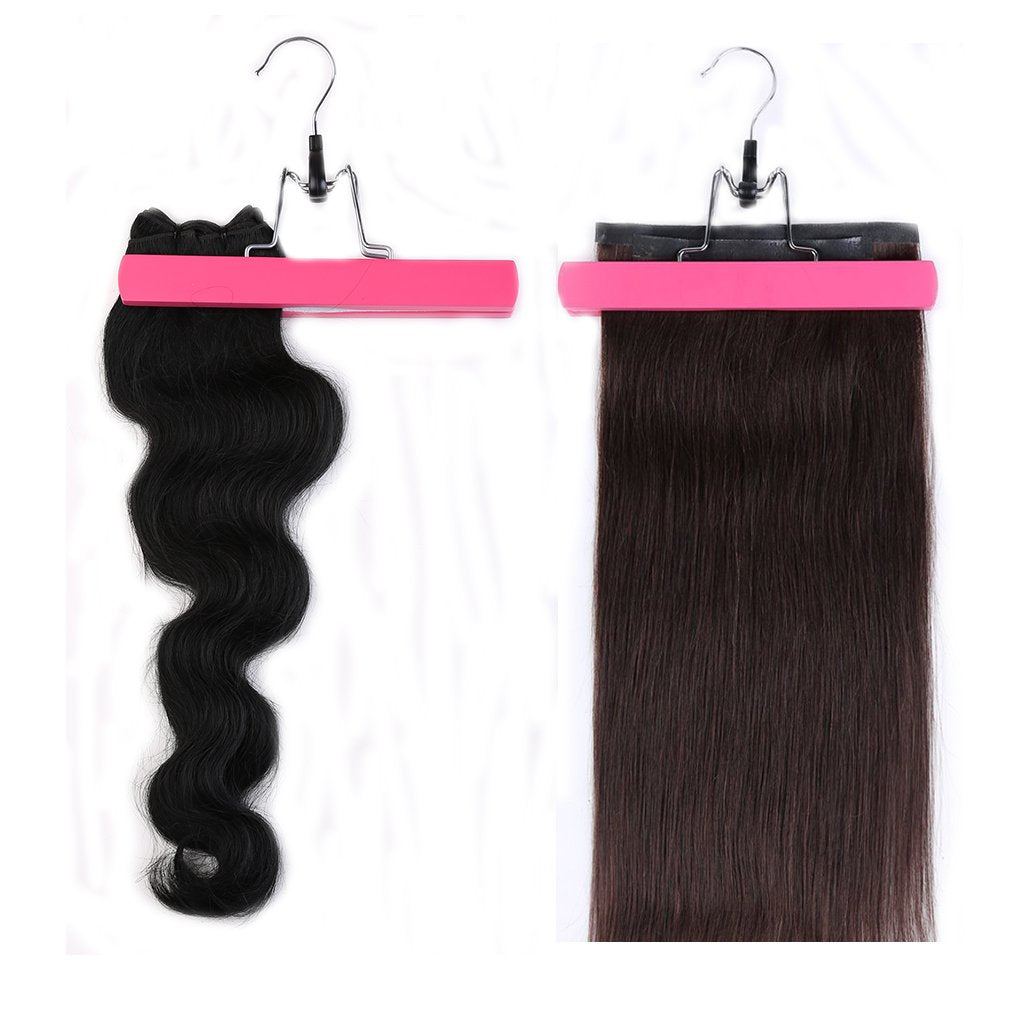 Portable Hair Extensions Carrier Holder Non-woven Dust-proof Suitcase Storage Bag with Wooden Hanger for Human Hair (Rose Red)