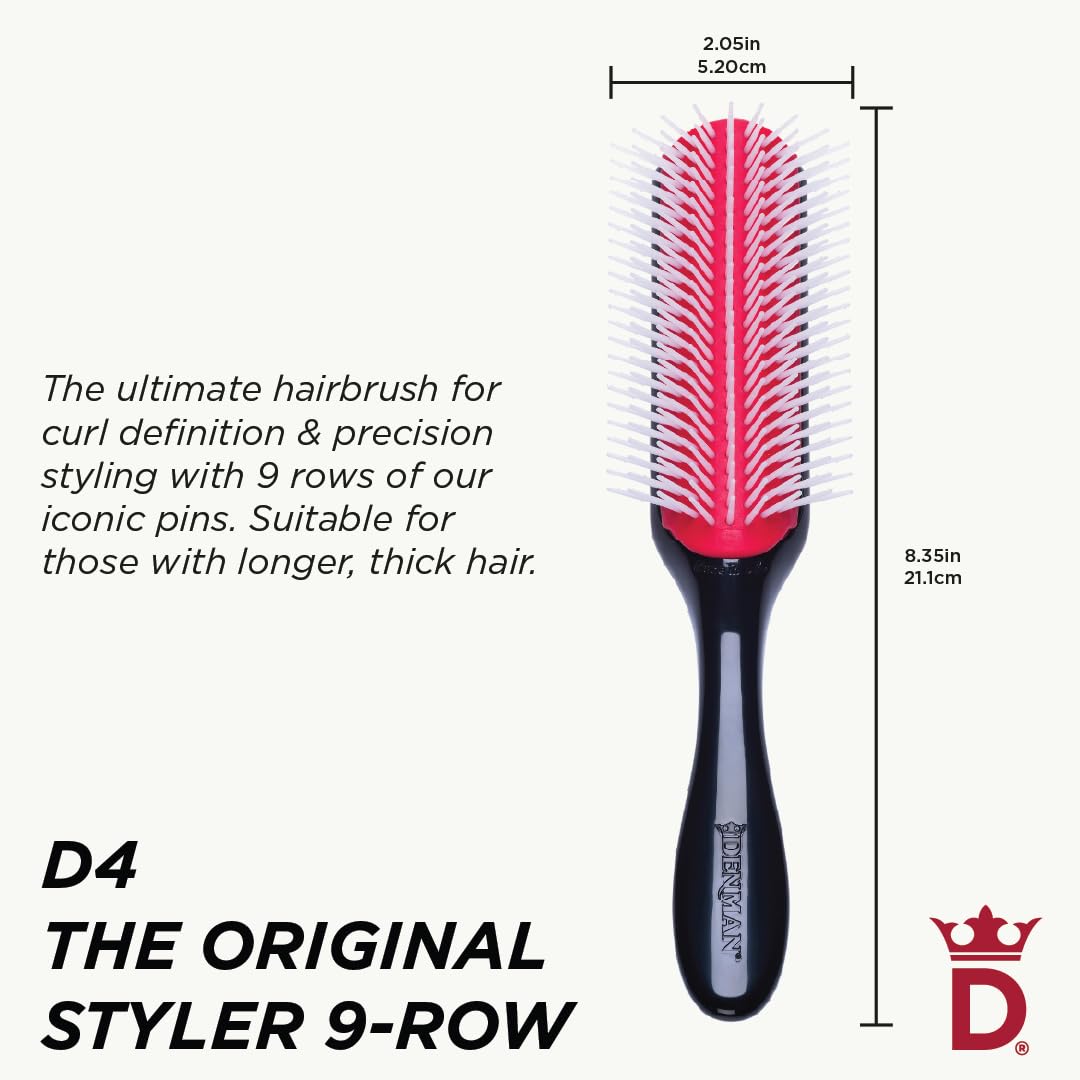 Denman Curly Hair Brush D4 (Black & Red) 9 Row Styling Brush for Styling, Smoothing Longer Hair and Defining Curls - For Women and Men