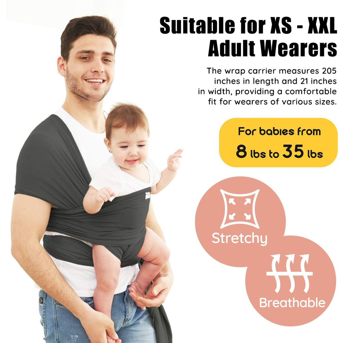 Acrabros Baby Wrap Carrier,Hands Free Baby Carrier Sling,Lightweight,Breathable,Softness,Perfect for Newborn Infants and Babies Shower Gift,Charcoal Grey