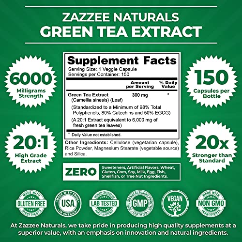 Zazzee Extra Strength Green Tea 20:1 Extract, 6000 mg Strength, 50% EGCG, 98% Polyphenols and 80% Catcehins, 150 Vegan Capsules, 5 Month Supply, Standardized and Concentrated 20X Potency, Non-GMO