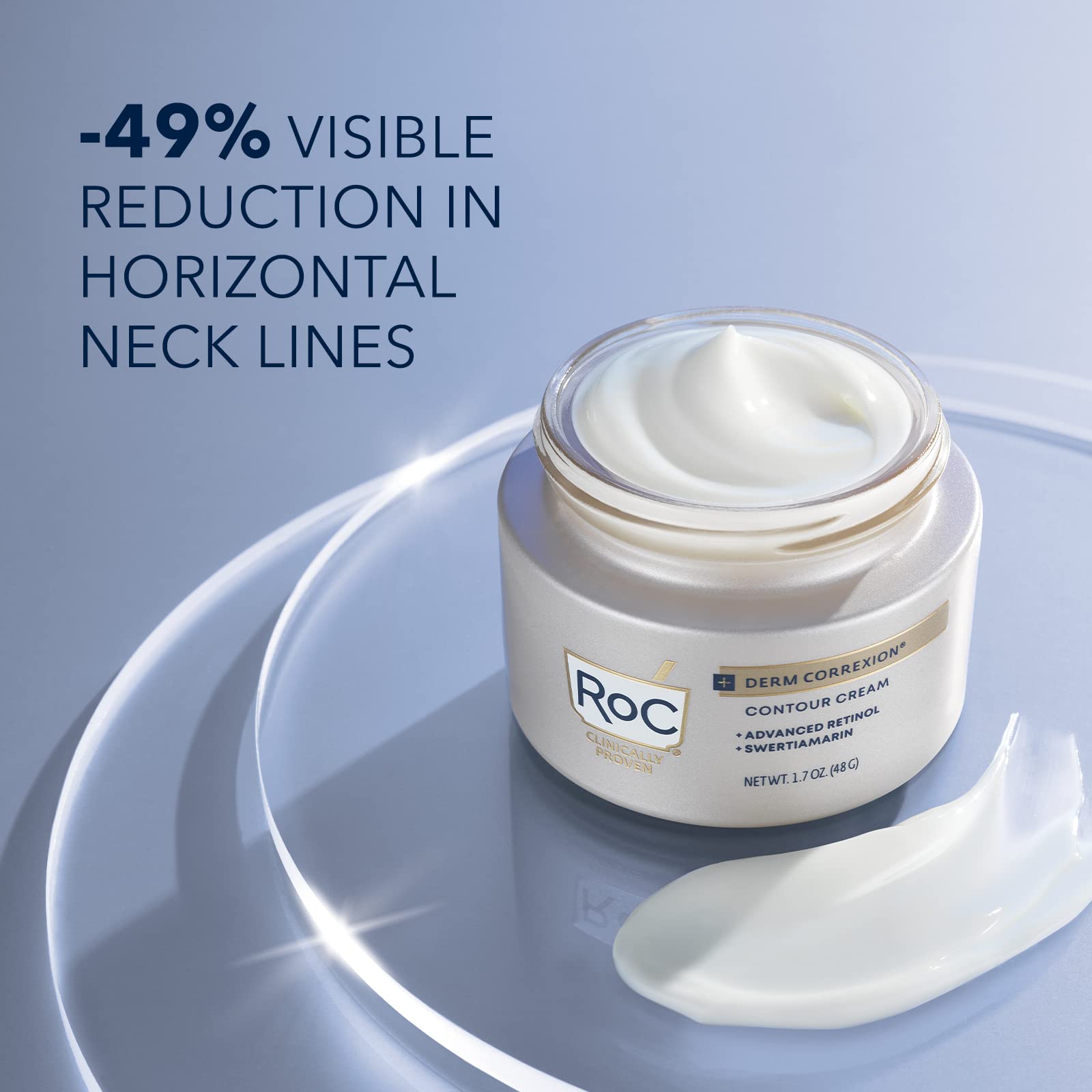 RoC Derm Correxion Neck Cream with Hyaluronic Acid and Advanced Retinol to visibly Tighten & Lift Horizontal Neck Lines, Facial Moisturiser to Contour Face, Neck + Jaw, (1.7 oz) with Retinol Packette