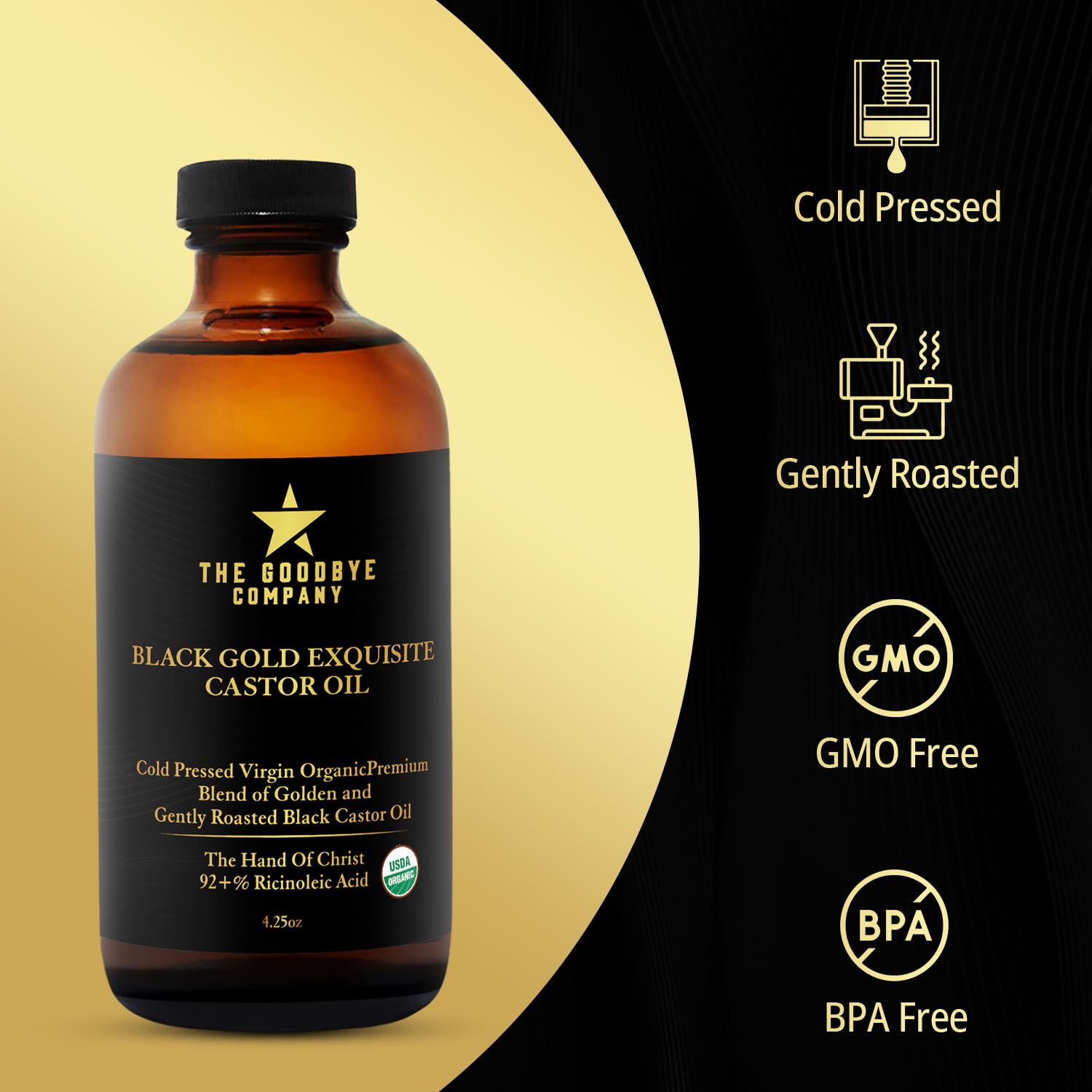 The Goodbye Company Black & Gold Castor Oil Blend – USDA Organic, Cold-Pressed & Unrefined – Pure Hexane-Free Oil for Hair, Skin, Body, Eyelashes & Eyebrows