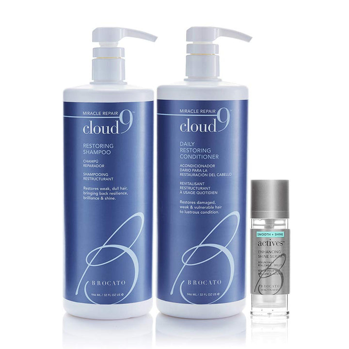 Brocato Cloud 9 Shampoo & Conditioner Liter, 32oz & Actives Enhancing Serum | Shine Booster & Conditioning Hair Agent | Replenishing Oils, Repair & Smooth Hair | Perfect For Straight or Curly Texture