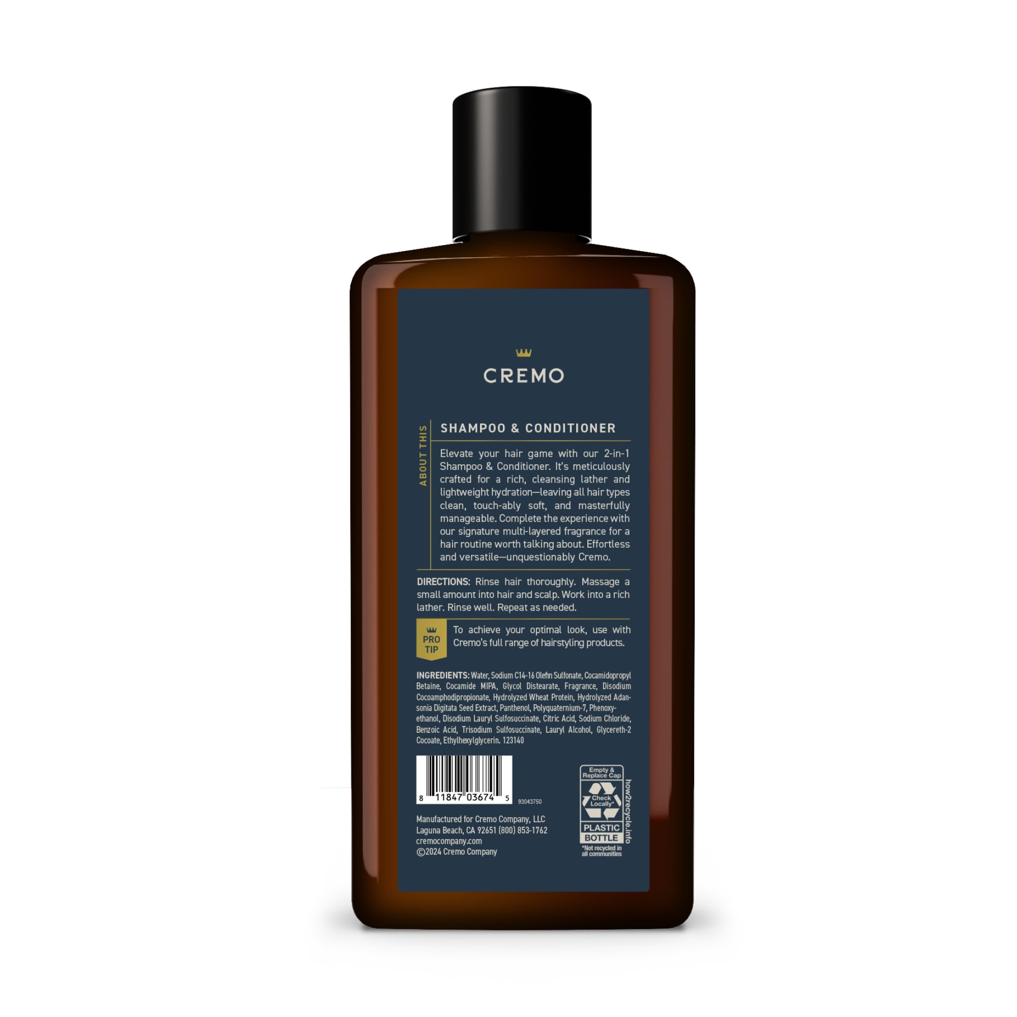 Cremo Palo Santo Barber Grade 2-n-1 Shampoo & Conditioner, Notes of Bright Cardamom, Dry Papyrus and Aromatic Palo Santo,16 Fl Oz