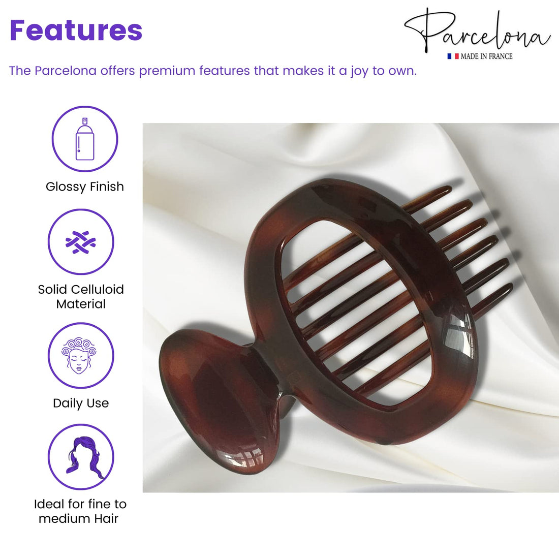 Parcelona French Large Oval Shell Brown 4 Inches Celluloid Side Slide In Secure Grip Hair Updo Hinge Hair Claw