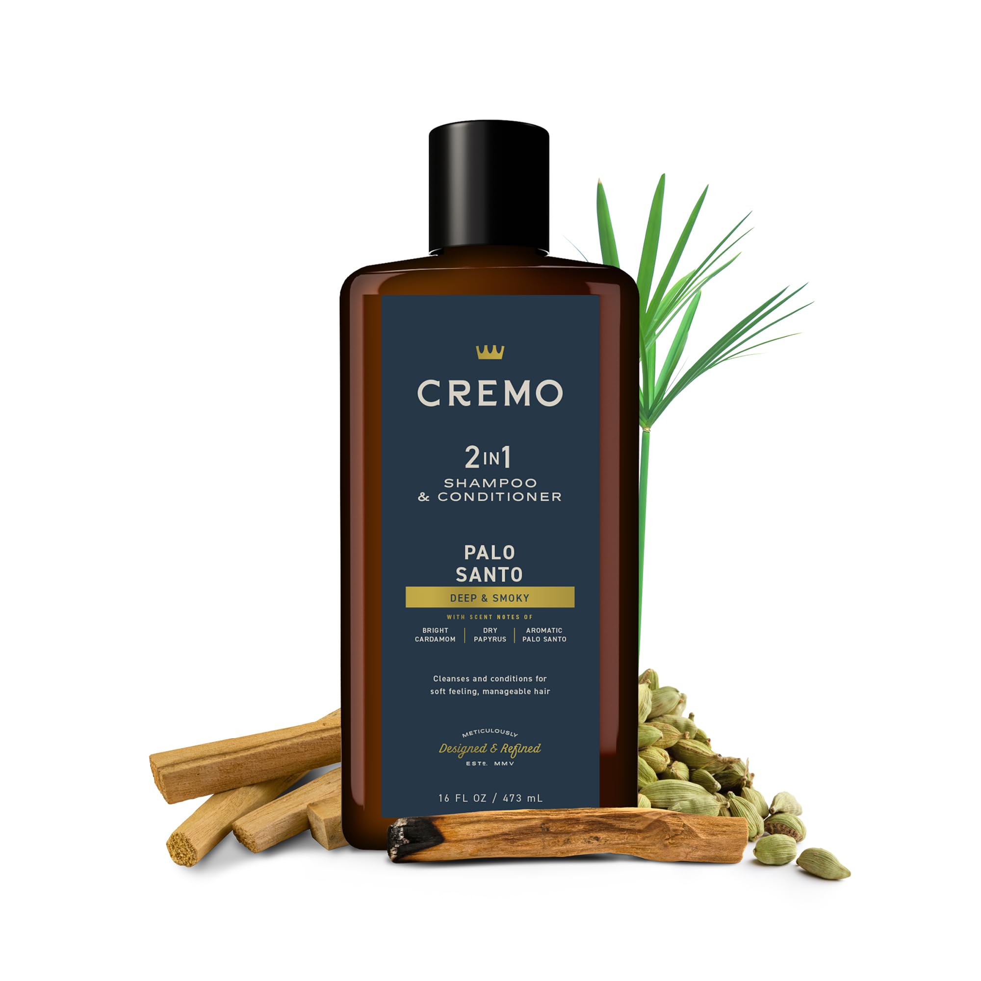 Cremo Palo Santo Barber Grade 2-n-1 Shampoo & Conditioner, Notes of Bright Cardamom, Dry Papyrus and Aromatic Palo Santo,16 Fl Oz