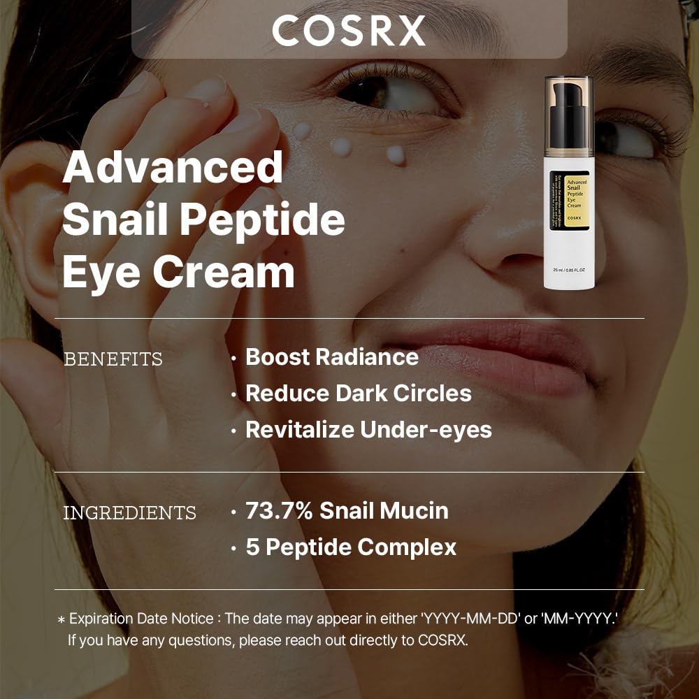 COSRX Snail Peptide Eye Cream with 73.7% Snail Mucin and Niacinamide - Brightening Korean Night Cream for Fine Lines and Dark Circles