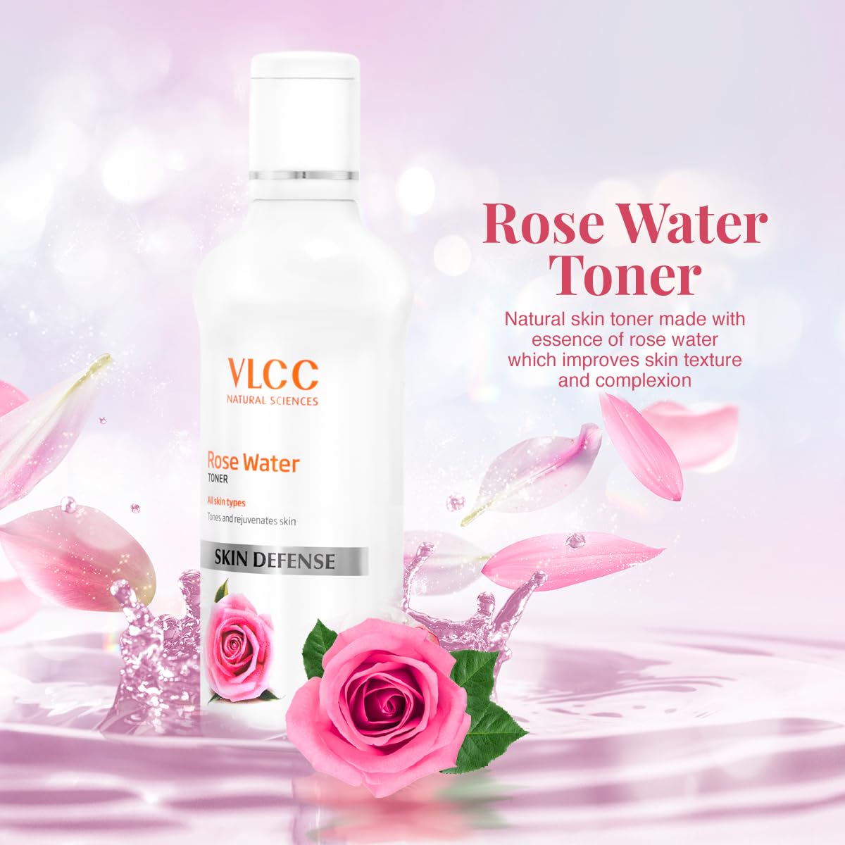 VLCC Rose Water Toner - 100ml - Tones & rejuvenates skin | Helps maintain skin's pH balance | Helps tighten the pores and gently tones the skin | With Rose, Aloe vera, Mint, Date fruit.