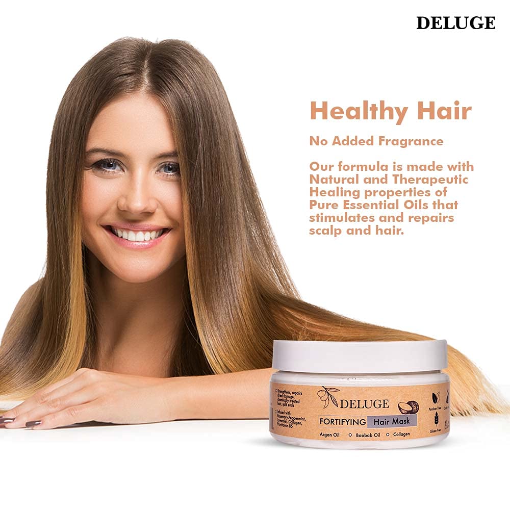 DELUGE - Fortifying Hair Mask with Baobab Oil, Coconut Oil and Olive Oil, Restores, Repairs and Nourishes Dry Damaged Hair- Collagen + ProVitamin B5 -Net Wt. 8 oz
