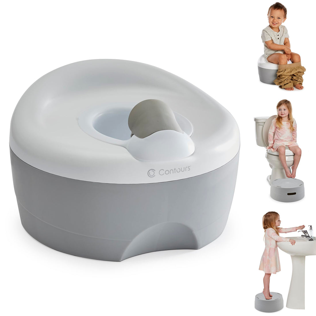 Contours Bravo 3 in 1 Potty Training Toilet Seat, Trainer and Step Stool, Easy to Clean Design with Removable Waste Cup and Splash Guard, Great for Travel, Perfect for Toddler Girls & Boys 1-3 - Gray