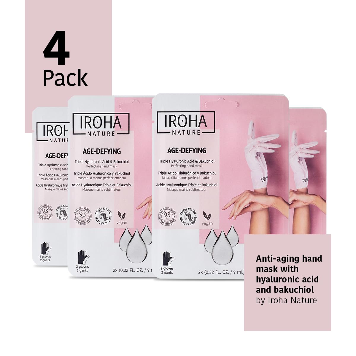 IROHA NATURE, Anti-Aging Hand Mask with Hyaluronic Acid and Bakuchiol - Pack of 4 Pairs