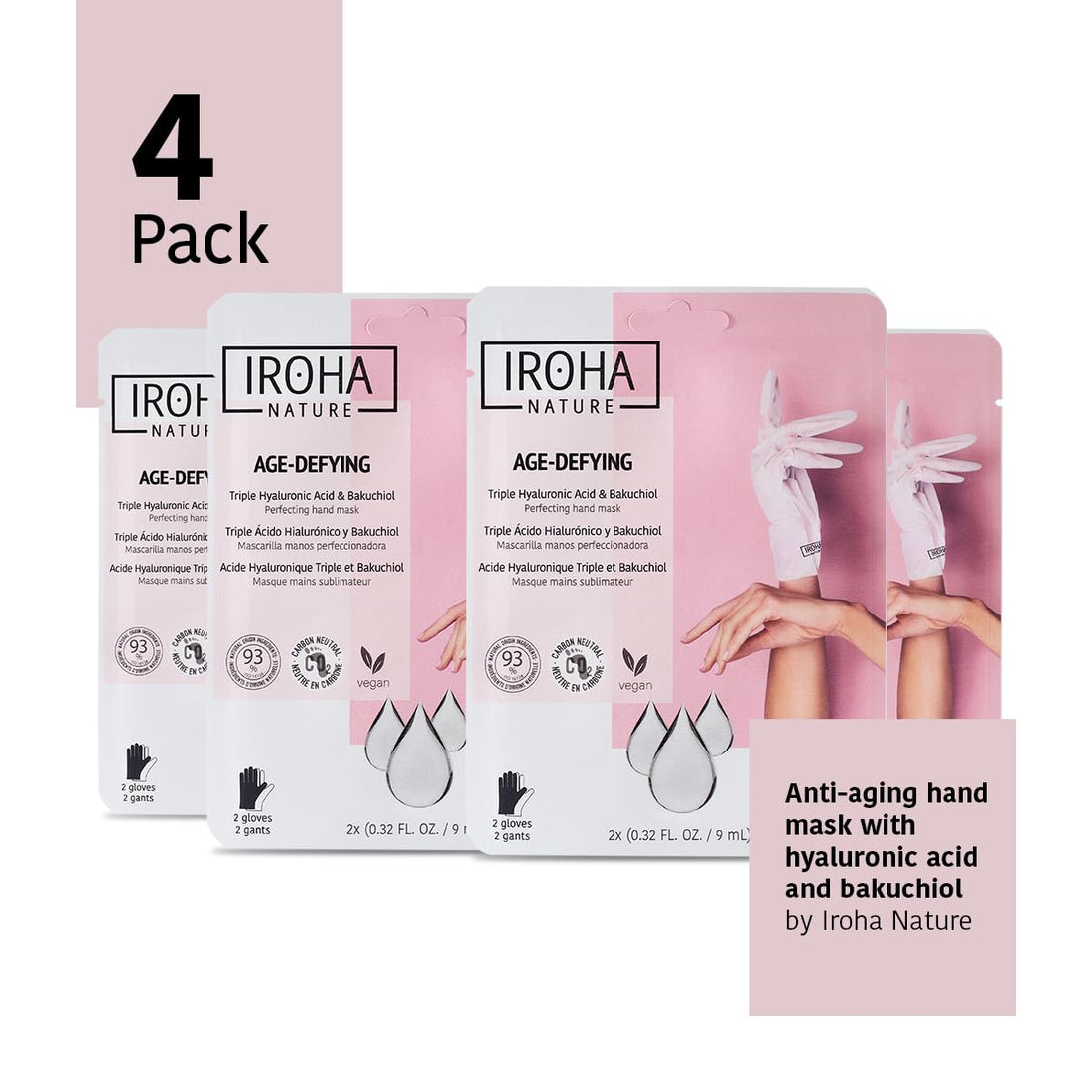 IROHA NATURE, Anti-Aging Hand Mask with Hyaluronic Acid and Bakuchiol - Pack of 4 Pairs