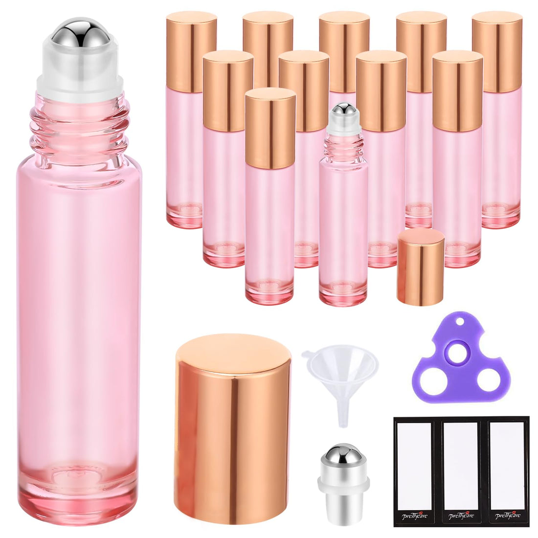 PrettyCare 12 Pack, 10 ml Essential Oil Roller Bottles with Stainless Steel Roller Ball - Refillable Leak-proof Empty Thick Pink Glass Roll on Bottles with Metal Caps for Travel, Perfume