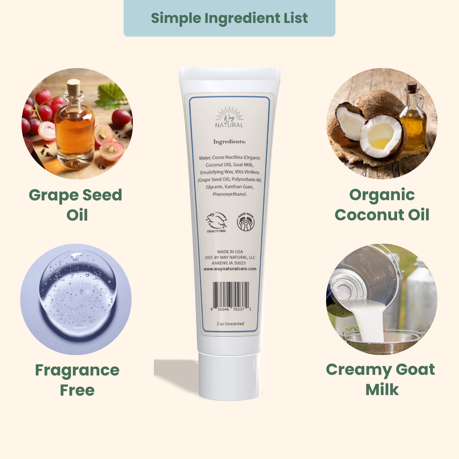 Way Natural Goat Milk Lotion, Unscented - Travel Size, Natural, Body/Hand - Goat Milk Hand Cream for Women and Men - Creamy, Dry Skin Relief - Unscented Lotion - 1 (2oz) Tube