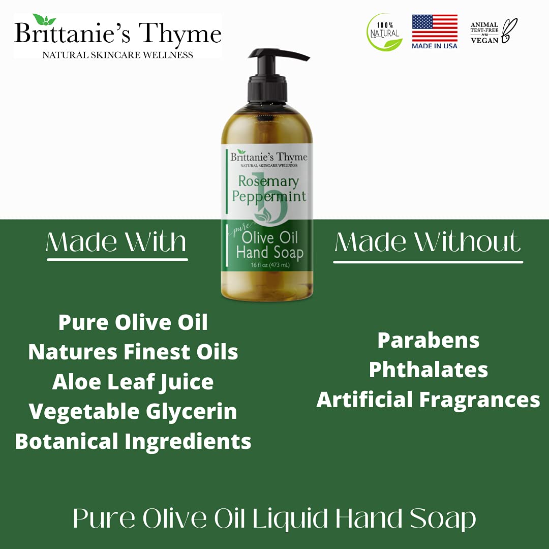 Brittanie27s Thyme Rosemary & Peppermint: Organic Hand Soap, 16 Oz - Made Olive Oil And Natural Luxurious Essential Oils. Vegan & Gluten Free (Rosemary & Peppermint)