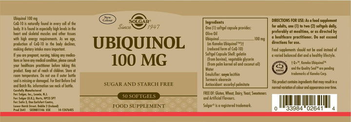 Solgar Ubiquinol 100 mg, 50 Softgels - Advanced Antioxidant Support - Reduced Coenzyme Q10 (CoQ-10) - Gluten Free, Dairy Free - 50 Servings