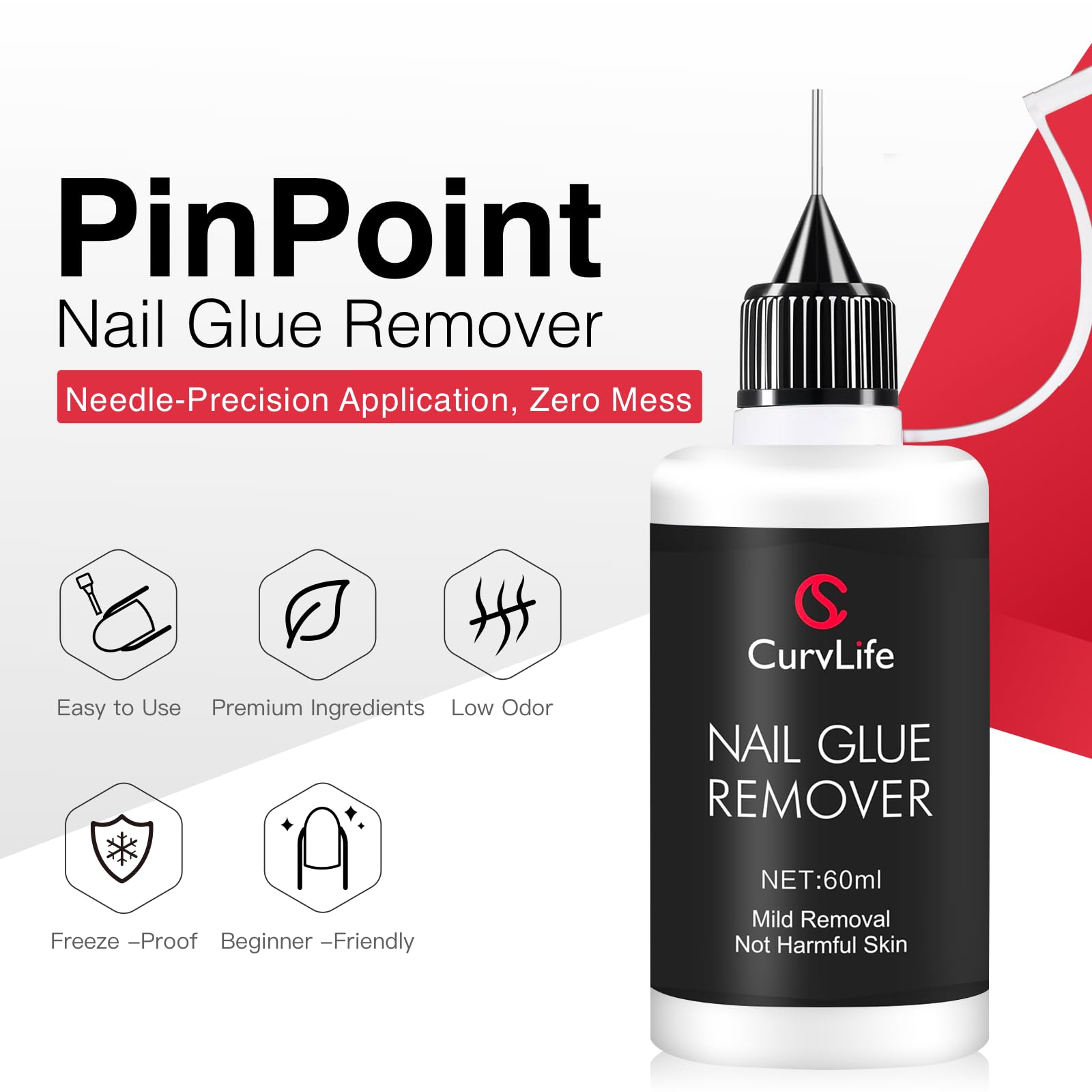 Curvlife Pinpoint Nail Glue Remover for Press on, 60ml Nail Remover for Nails Tips, Gentle Glue Remover for Gel x Nails, Non-Acetone Nail Polish Remover