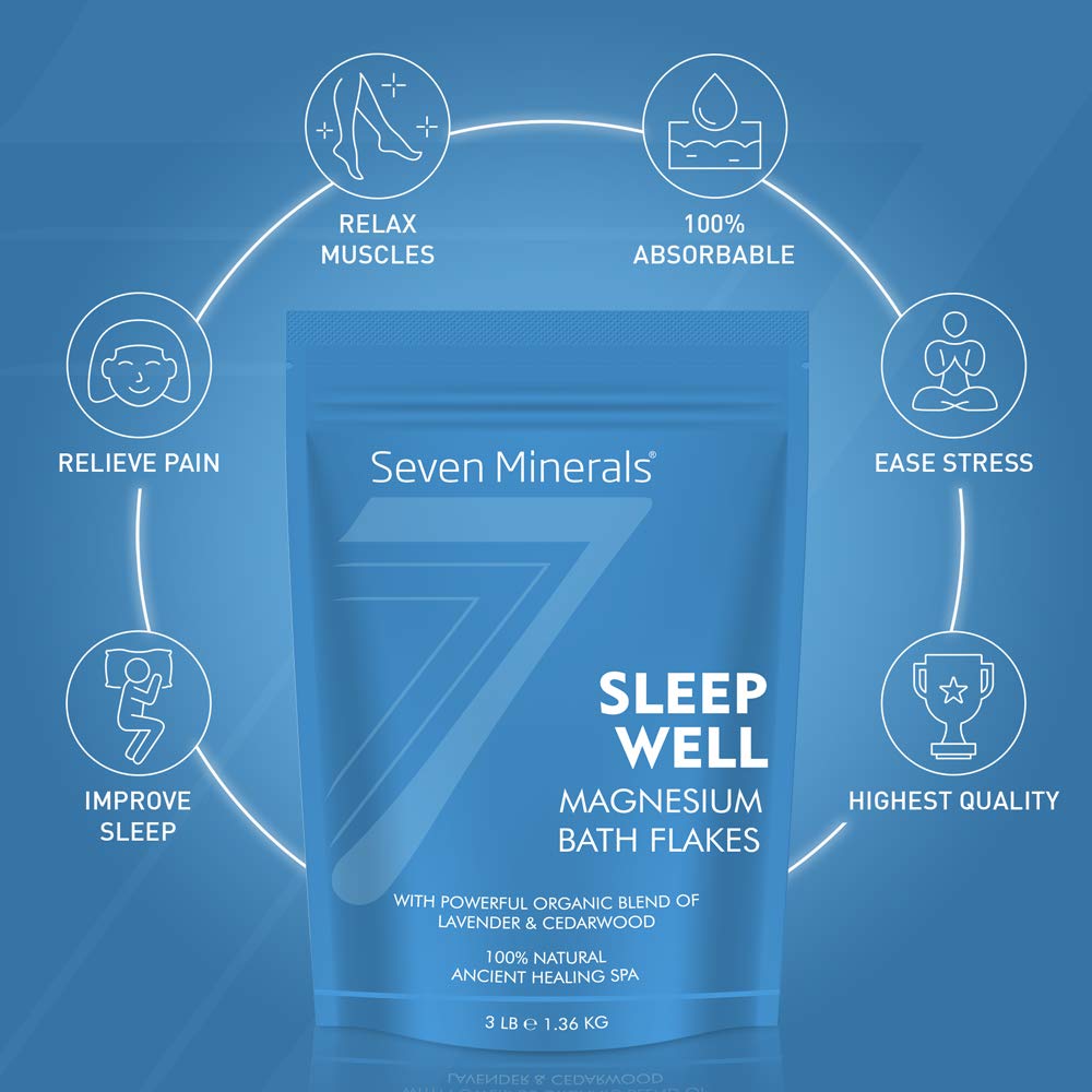 Seven Minerals SleepWell Magnesium Chloride Flakes 3lb – Absorbs Better Than Epsom Salt - Unique & Natural Full Bath Soak Formula for Healthy Relaxation - with Cedarwood & Lavender