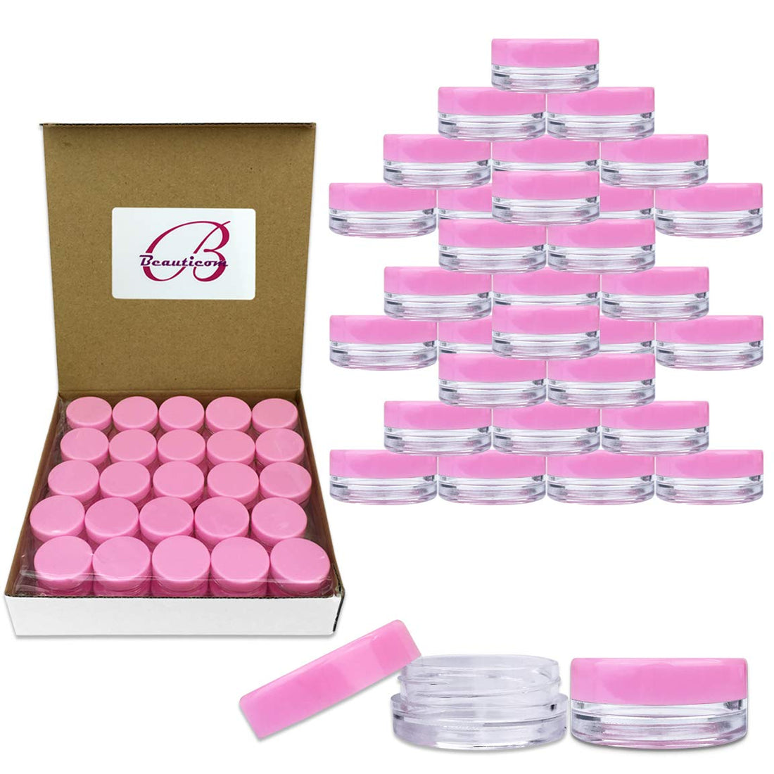 Beauticom® 3G/3ML High Quality Round Clear Jars with Pink Lids for Acrylic Powder, Rhinestones, Charms and Other Nail Accessories - BPA Free (Quantity: 100 Pieces)