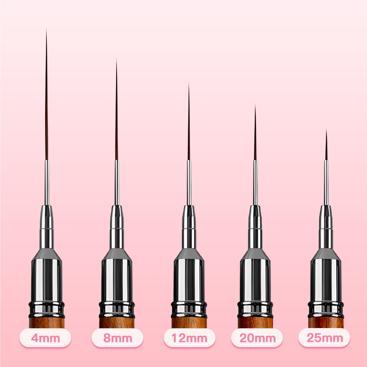 Komall Nail Art Brushes, 5Pcs Wooden Handle Liner Brush Set, UV Gel Polish Painting Art Design Pen for Long Lines, Thin Details, Fine Drawing Sizes 4/8/12/20/25mm(Natural)