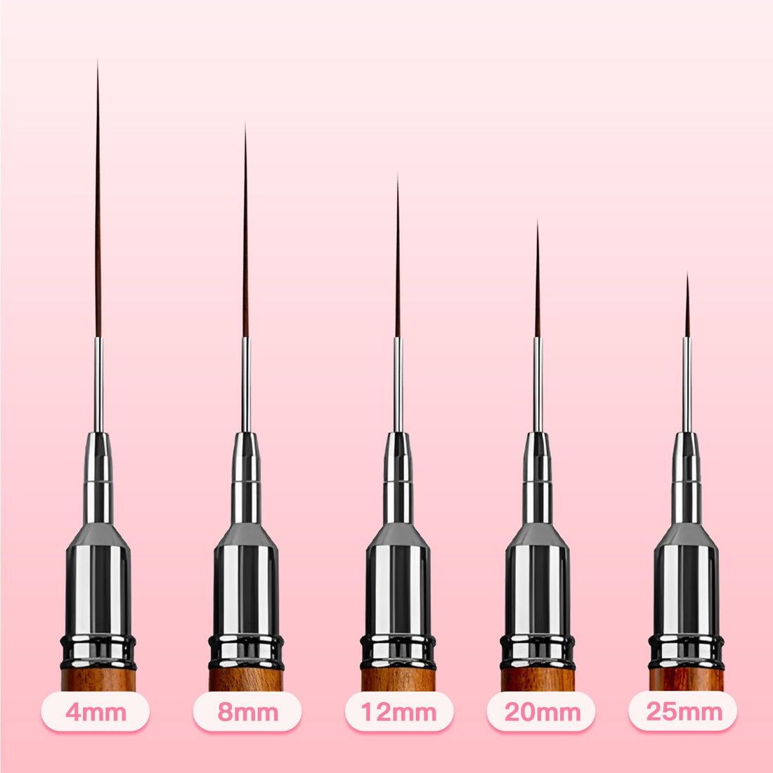 Komall Nail Art Brushes, 5Pcs Wooden Handle Liner Brush Set, UV Gel Polish Painting Art Design Pen for Long Lines, Thin Details, Fine Drawing Sizes 4/8/12/20/25mm(Natural)