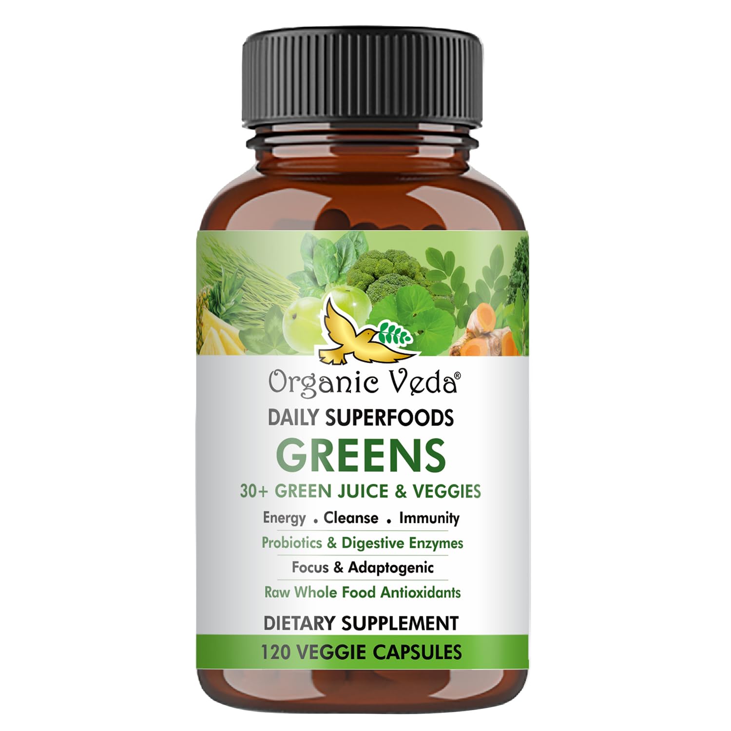 Organic Veda Superfoods Greens Capsules - 30+ Super Green Juice and Veggies Supplement with Moringa, Matcha, Spirulina, Chlorella, Turmeric - Antioxidants, Probiotics & Digestive Enzymes - 120 ct
