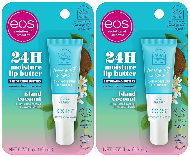 eos Sunset Sips Lip Butter Tube- Island Coconut, 24-Hour Moisture, Overnight Lip Mask, Lip Care Products, 0.35 fl oz (Pack of 2)