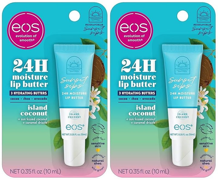 eos Sunset Sips Lip Butter Tube- Island Coconut, 24-Hour Moisture, Overnight Lip Mask, Lip Care Products, 0.35 fl oz (Pack of 2)