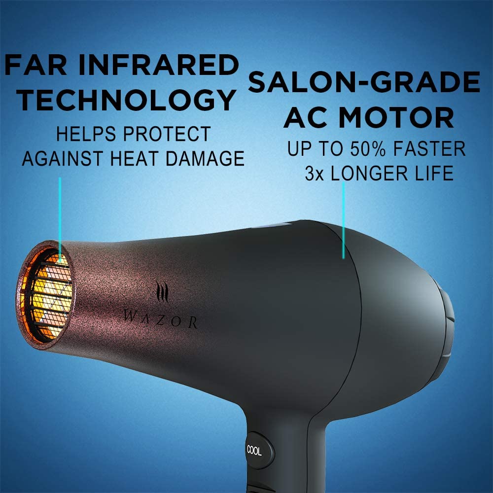 Wazor Professional Hair Dryer Ionic Ceramic Tourmaline Blow Dryer 1875W Far Infrared Heat Dryer With 3 Blow Dry Attachments and Heat&Speed Settings for Hair Styling