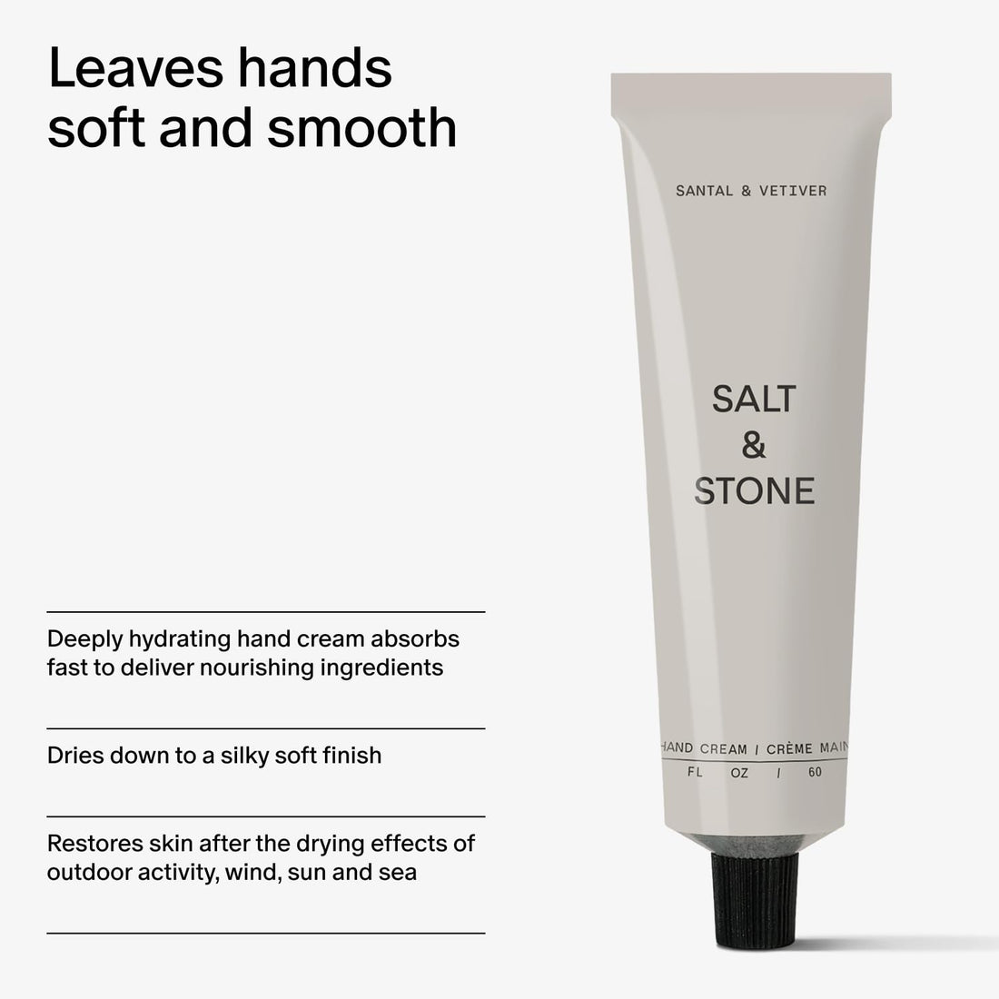 Salt & Stone Hand Cream for Women & Men | Santal & Vetiver | Hydrates, Nourishes & Softens Skin | Restores Dry Cracked Hands | Fast-Absorbing | Cruelty-Free & Vegan (2 fl oz)